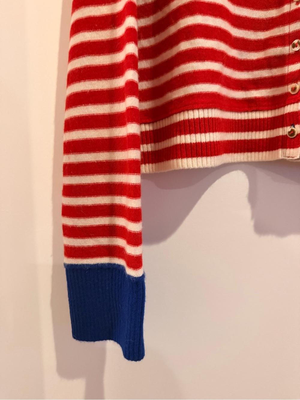 Striped Red and White Free People Button-Up Sweater with Blue Trim - Picture 2 of 4